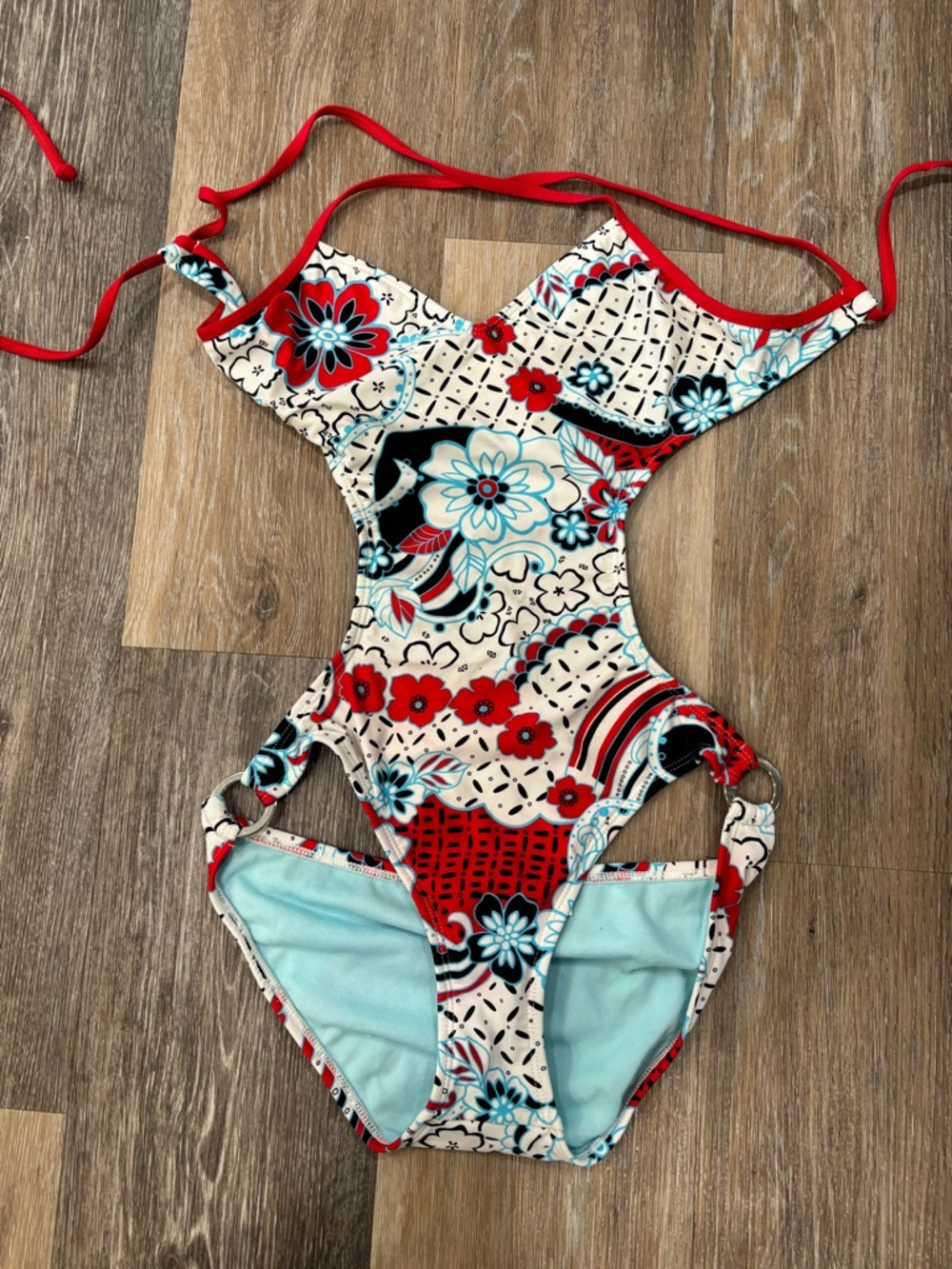 Floral Cutout One-Piece Swimsuit - Red, Aqua, Cream by-Citrus